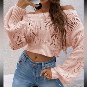 Luxe Sheer Crochet Knit Drop Shoulder Cropped Sweater Top